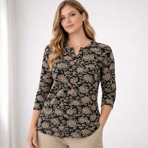 Orvis Floral Henley Top 3/4 Sleeve Black Beige Cotton Women's Small Classic